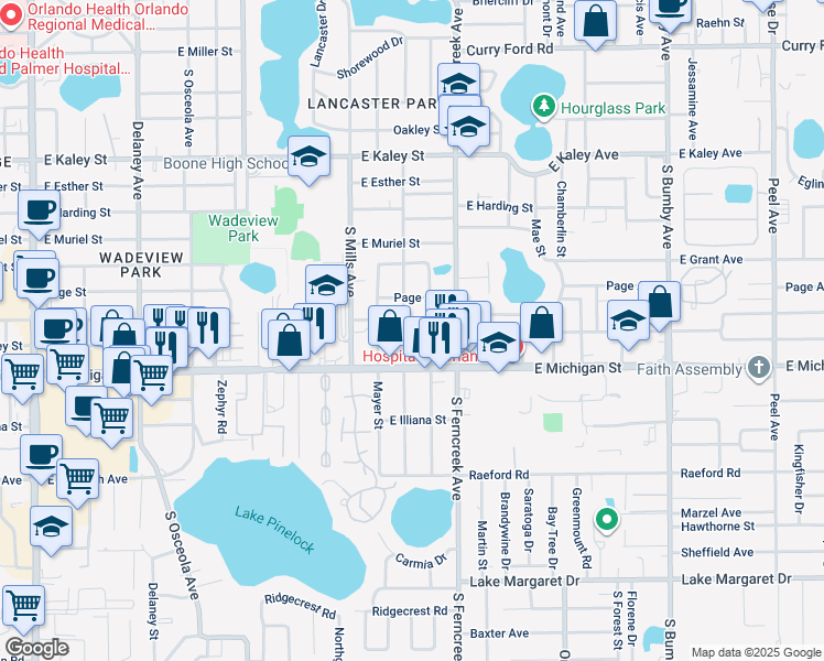 map of restaurants, bars, coffee shops, grocery stores, and more near 2419 South Brown Avenue in Orlando