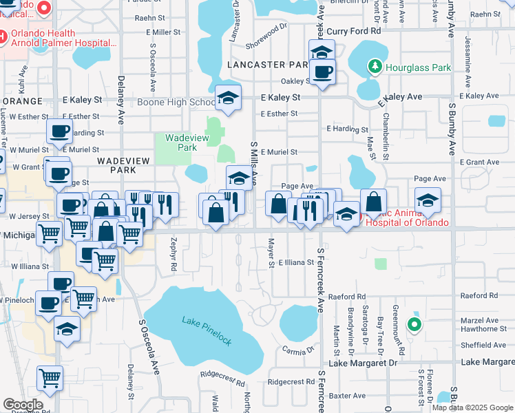 map of restaurants, bars, coffee shops, grocery stores, and more near 2500 South Mills Avenue in Orlando
