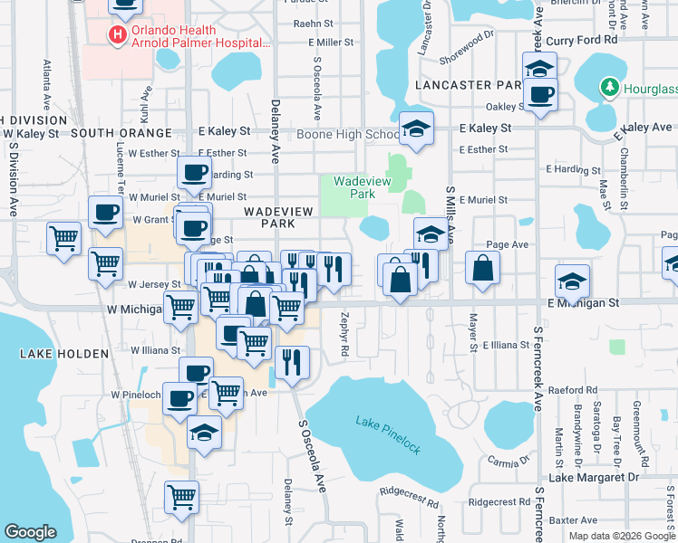 map of restaurants, bars, coffee shops, grocery stores, and more near 519 East Crystal Lake Street in Orlando