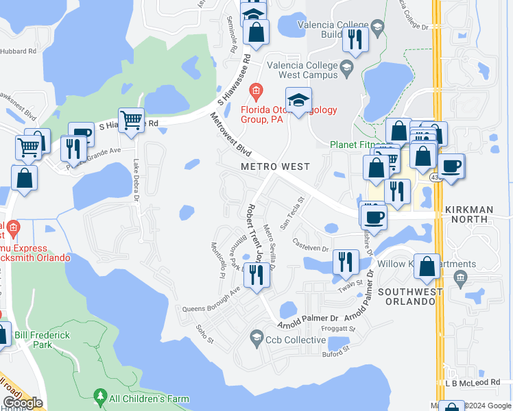 map of restaurants, bars, coffee shops, grocery stores, and more near 2632 Robert Trent Jones Drive in Orlando