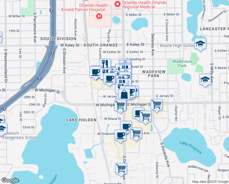 map of restaurants, bars, coffee shops, grocery stores, and more near 25 West Crystal Lake Street in Orlando