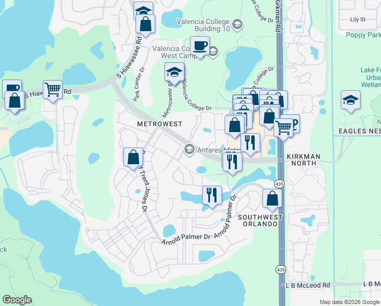 map of restaurants, bars, coffee shops, grocery stores, and more near 6200 Metrowest Boulevard in Orlando