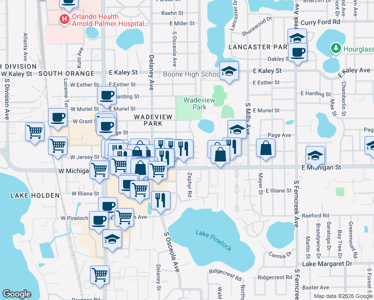 map of restaurants, bars, coffee shops, grocery stores, and more near 519 East Crystal Lake Street in Orlando