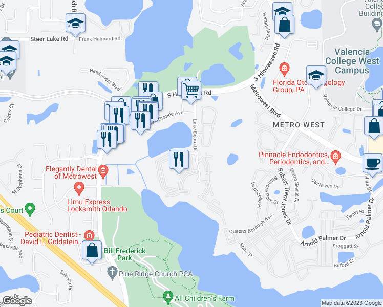 map of restaurants, bars, coffee shops, grocery stores, and more near Lake Debra Drive in Orlando