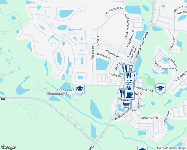 map of restaurants, bars, coffee shops, grocery stores, and more near 13314 Phoenix Drive in Orlando