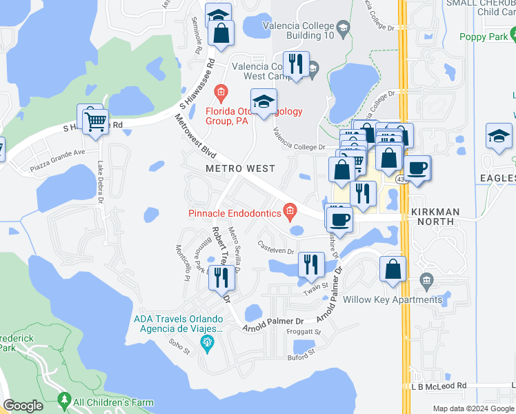 map of restaurants, bars, coffee shops, grocery stores, and more near 6402 Cava Alta Drive in Orlando