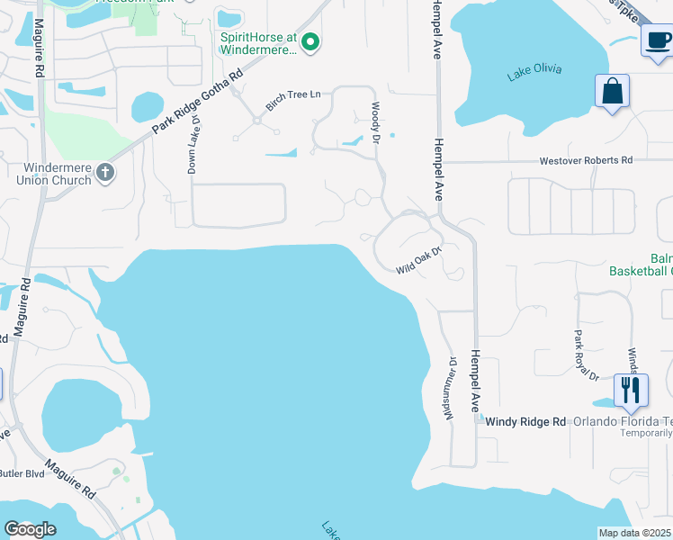 map of restaurants, bars, coffee shops, grocery stores, and more near 9708 Nearwater Place in Windermere