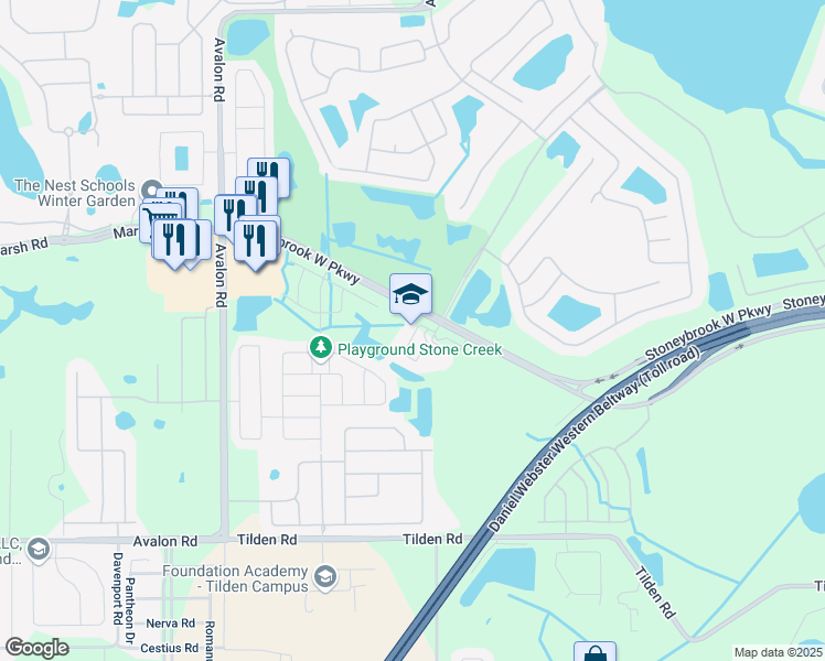 map of restaurants, bars, coffee shops, grocery stores, and more near 15300 Stoneybrook West Parkway in Winter Garden