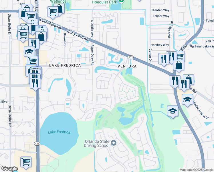 map of restaurants, bars, coffee shops, grocery stores, and more near 2703 Willowgate Avenue in Orlando