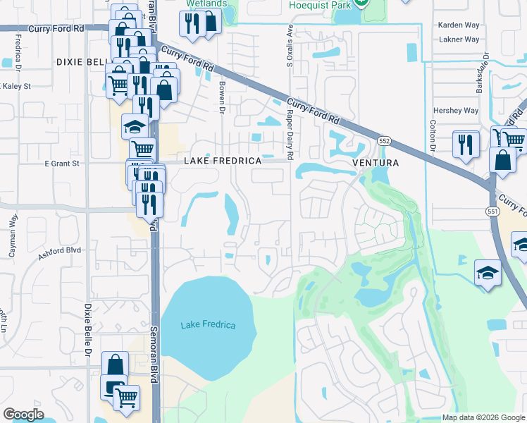 map of restaurants, bars, coffee shops, grocery stores, and more near 6019 Scotchwood Glen in Orlando