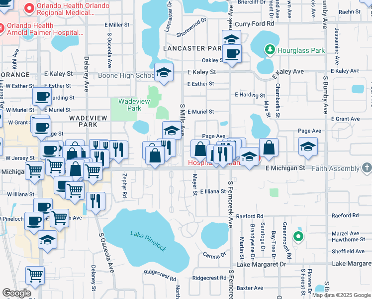 map of restaurants, bars, coffee shops, grocery stores, and more near 2408 Mayer Street in Orlando