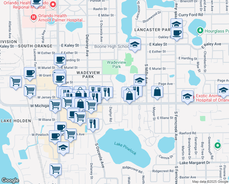 map of restaurants, bars, coffee shops, grocery stores, and more near 519 East Crystal Lake Street in Orlando