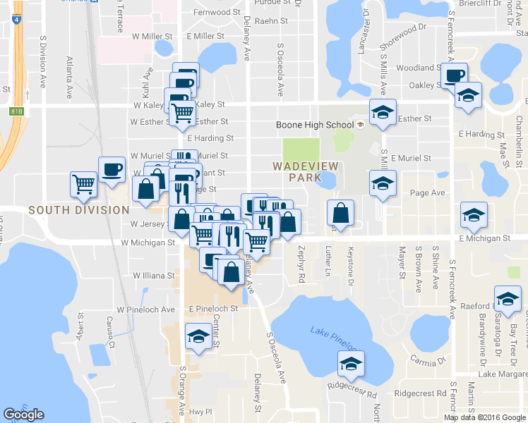 map of restaurants, bars, coffee shops, grocery stores, and more near 401 East Crystal Lake Street in Orlando