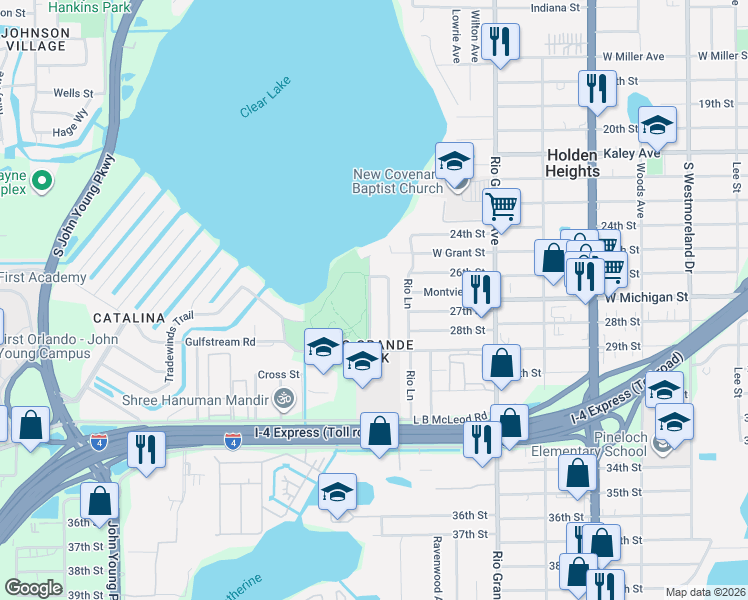 map of restaurants, bars, coffee shops, grocery stores, and more near 2607 Telstar Avenue in Orlando