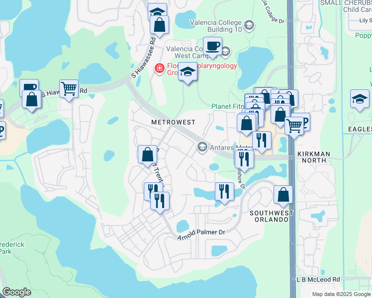 map of restaurants, bars, coffee shops, grocery stores, and more near 6402 Cava Alta Drive in Orlando