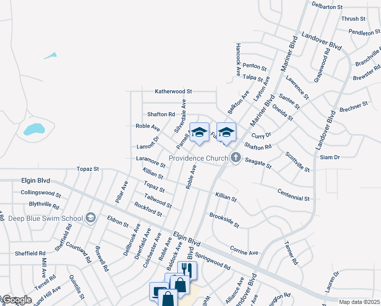 map of restaurants, bars, coffee shops, grocery stores, and more near 6000 Roble Avenue in Spring Hill