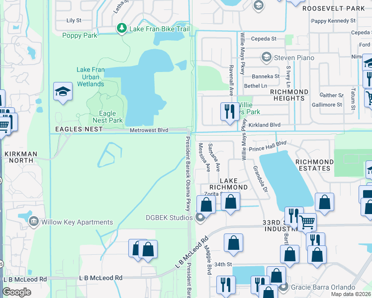 map of restaurants, bars, coffee shops, grocery stores, and more near 4799 Vargas Street in Orlando