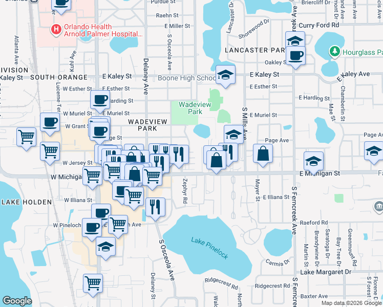 map of restaurants, bars, coffee shops, grocery stores, and more near 519 East Crystal Lake Street in Orlando
