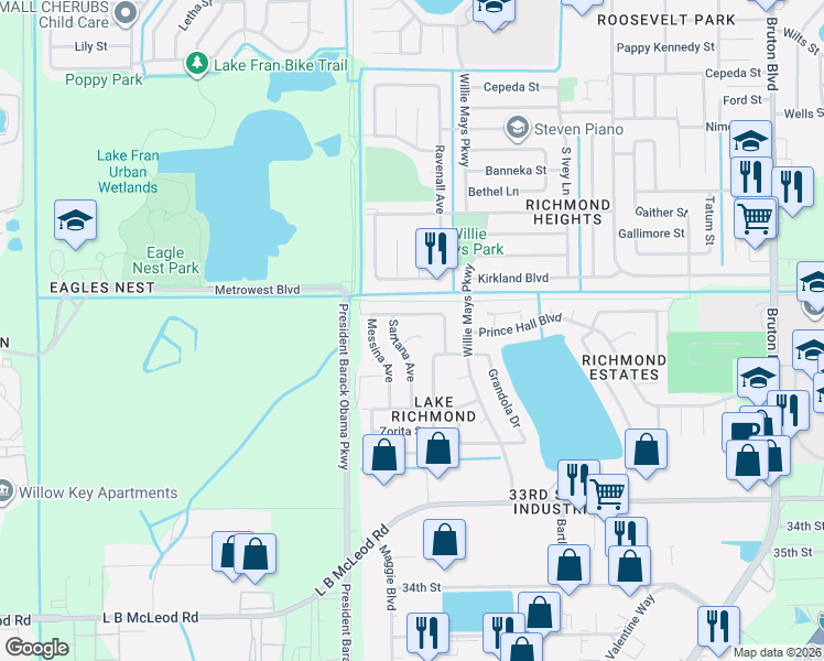 map of restaurants, bars, coffee shops, grocery stores, and more near 4654 Vargas Street in Orlando