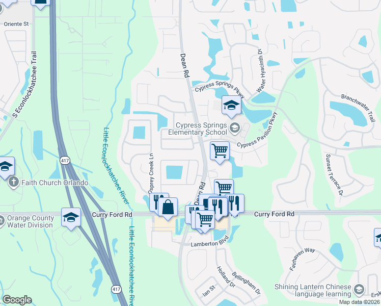 map of restaurants, bars, coffee shops, grocery stores, and more near 9715 Doriath Circle in Orlando