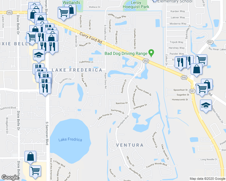 map of restaurants, bars, coffee shops, grocery stores, and more near 2701 Shadybranch Drive in Orlando