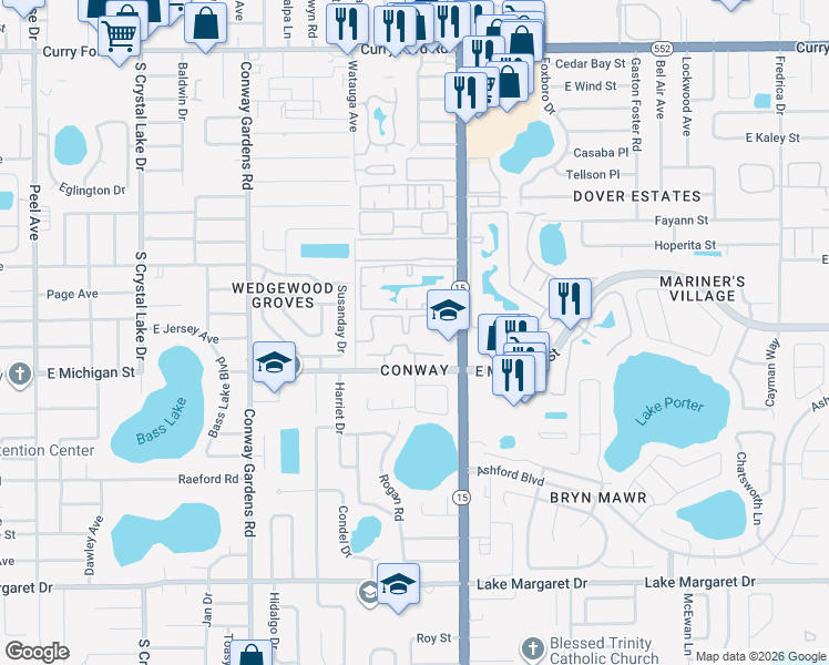 map of restaurants, bars, coffee shops, grocery stores, and more near 2544 South Conway Road in Orlando