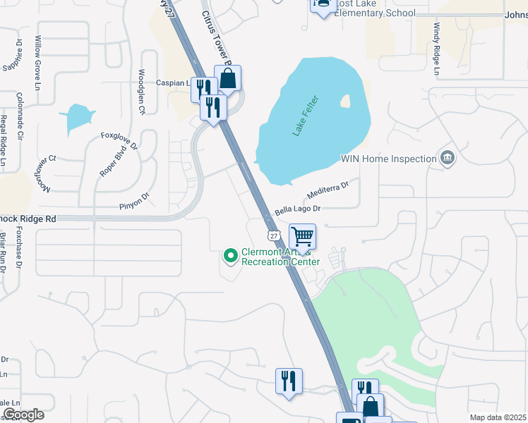 map of restaurants, bars, coffee shops, grocery stores, and more near 3195 South Highway 27 in Clermont