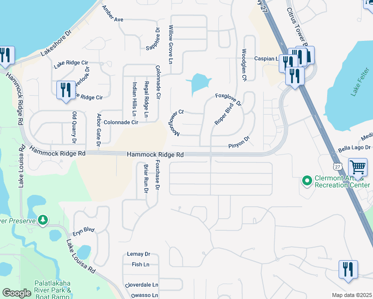 map of restaurants, bars, coffee shops, grocery stores, and more near 13129 Pinyon Drive in Clermont