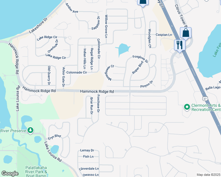 map of restaurants, bars, coffee shops, grocery stores, and more near 13118 Pinyon Drive in Clermont