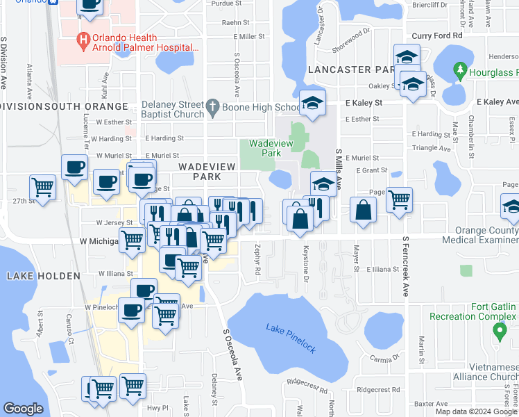 map of restaurants, bars, coffee shops, grocery stores, and more near 541 Lanark Court in Orlando
