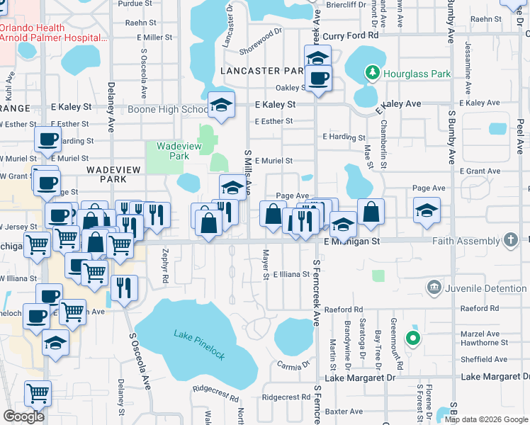 map of restaurants, bars, coffee shops, grocery stores, and more near 2416 Mayer Street in Orlando