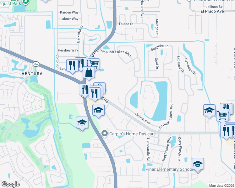 map of restaurants, bars, coffee shops, grocery stores, and more near 7602 Coconut Creek Court in Orlando