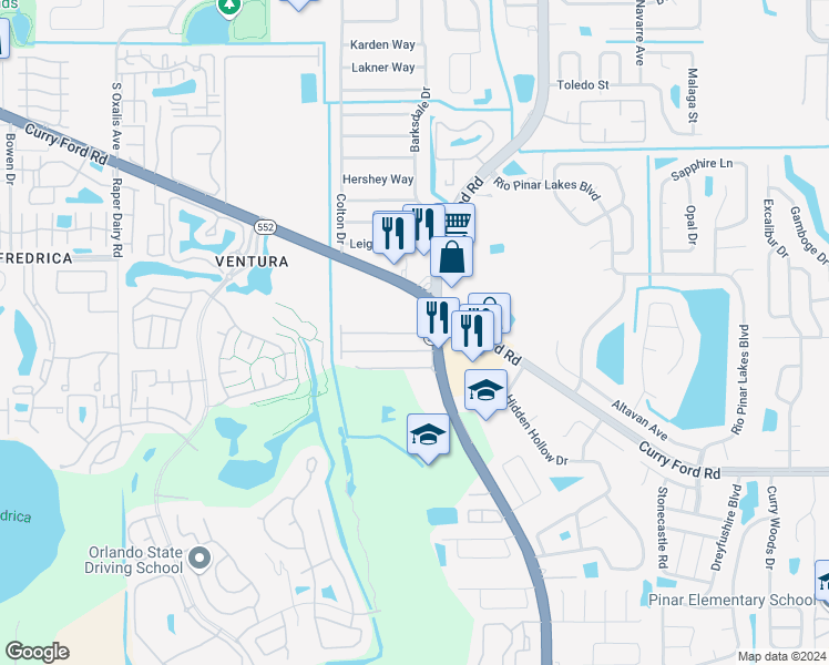 map of restaurants, bars, coffee shops, grocery stores, and more near 7112 Spoonfoot Street in Orlando