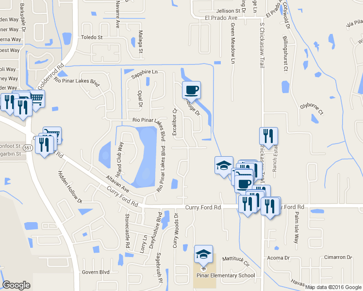 map of restaurants, bars, coffee shops, grocery stores, and more near 8098 Excalibur Court in Orlando
