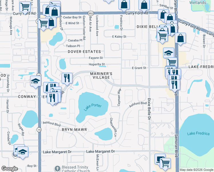 map of restaurants, bars, coffee shops, grocery stores, and more near 5173 Jetsail Drive in Orlando