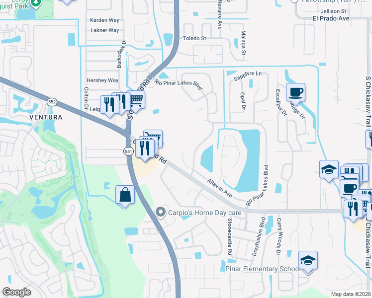 map of restaurants, bars, coffee shops, grocery stores, and more near 7602 Coconut Creek Court in Orlando