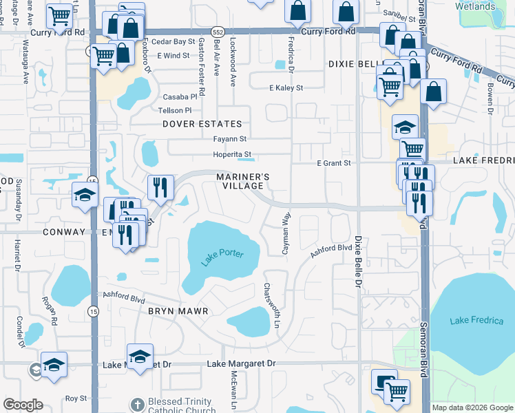 map of restaurants, bars, coffee shops, grocery stores, and more near 5173 Jetsail Drive in Orlando