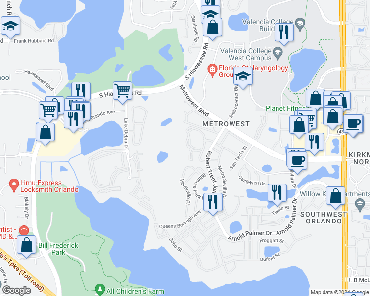 map of restaurants, bars, coffee shops, grocery stores, and more near 2586 Robert Trent Jones Drive in Orlando