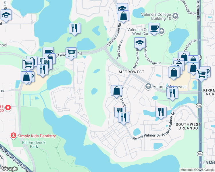 map of restaurants, bars, coffee shops, grocery stores, and more near 2612 Robert Trent Jones Drive in Orlando