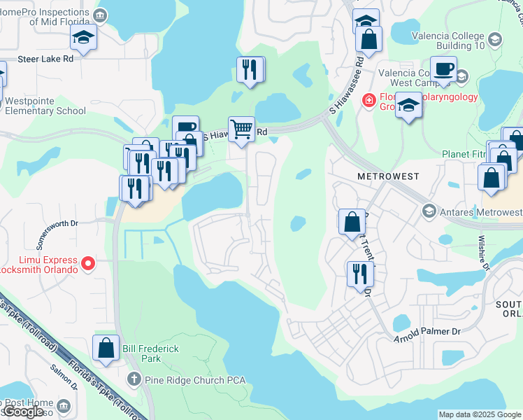 map of restaurants, bars, coffee shops, grocery stores, and more near 2191 Lake Debra Drive in Orlando