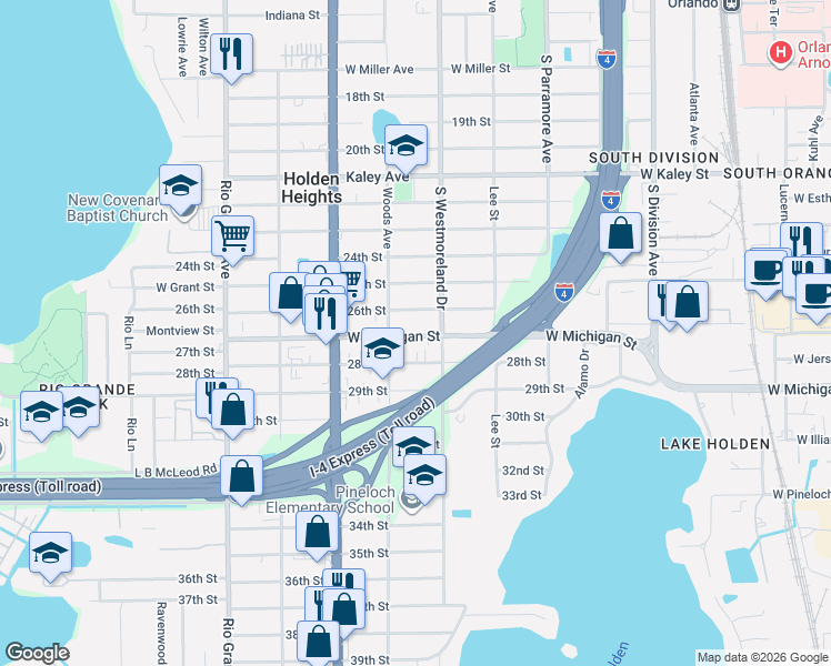 map of restaurants, bars, coffee shops, grocery stores, and more near 1031 West Michigan Street in Orlando