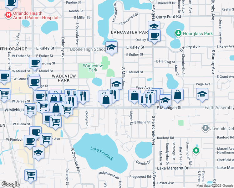 map of restaurants, bars, coffee shops, grocery stores, and more near 2500 South Mills Avenue in Orlando
