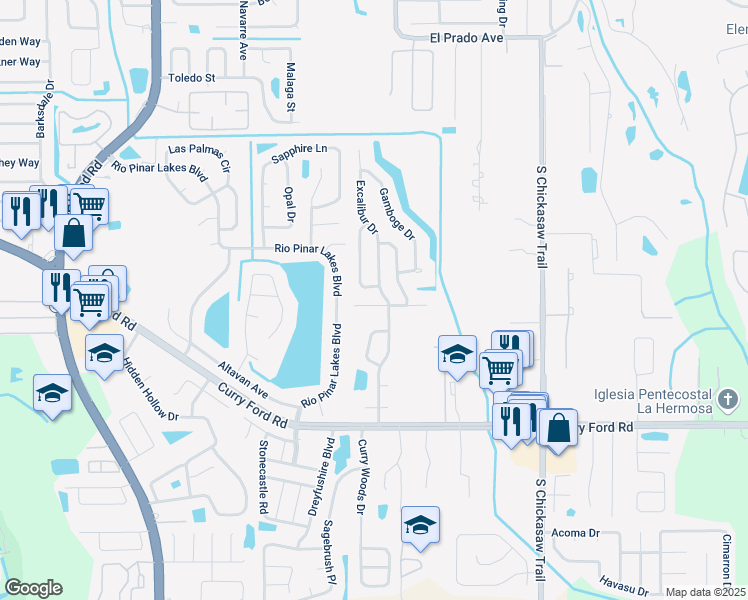 map of restaurants, bars, coffee shops, grocery stores, and more near 8098 Excalibur Court in Orlando