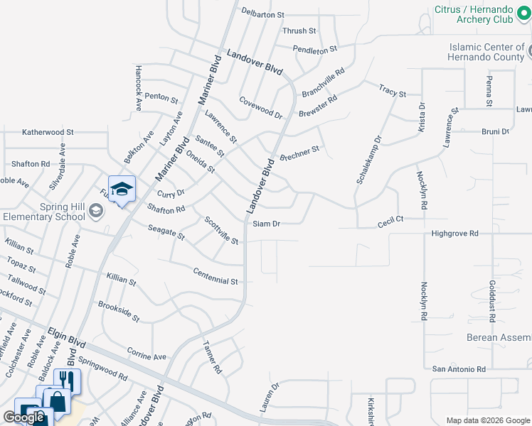 map of restaurants, bars, coffee shops, grocery stores, and more near 13092 Oneida Street in Spring Hill