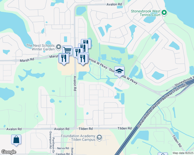 map of restaurants, bars, coffee shops, grocery stores, and more near 15250 Black Lion Way in Winter Garden