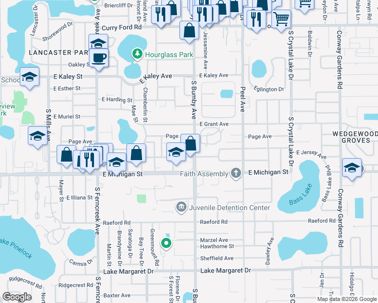 map of restaurants, bars, coffee shops, grocery stores, and more near 2316 East Crystal Lake Avenue in Orlando