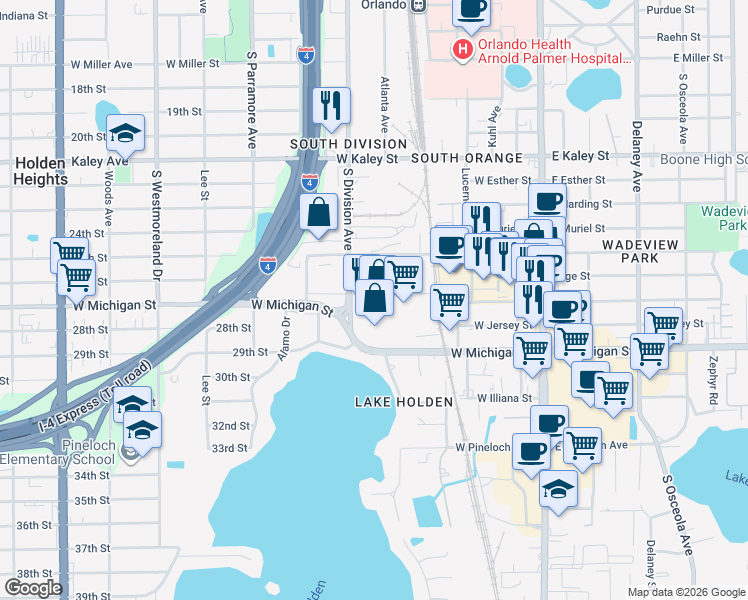map of restaurants, bars, coffee shops, grocery stores, and more near 444 27th Street in Orlando