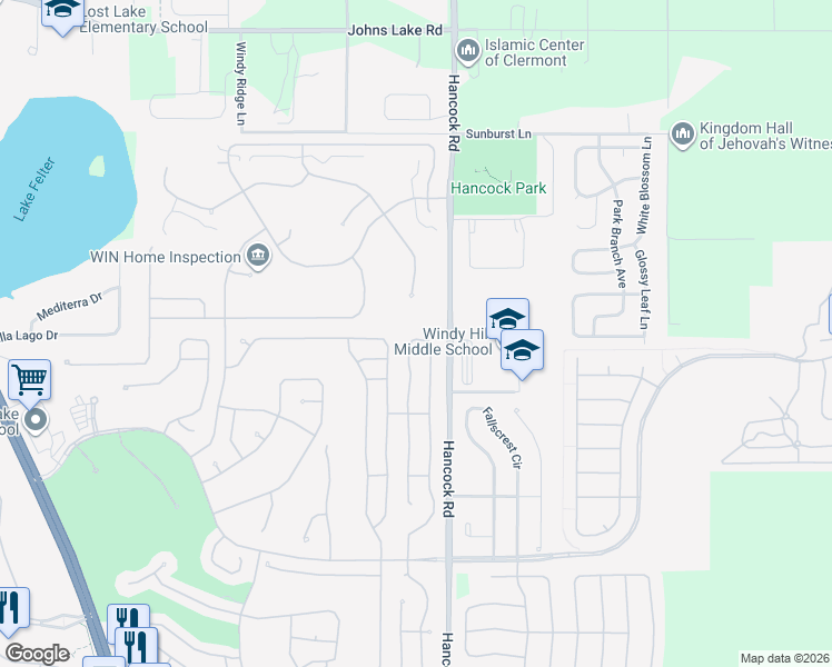 map of restaurants, bars, coffee shops, grocery stores, and more near 3724 Eversholt Street in Clermont