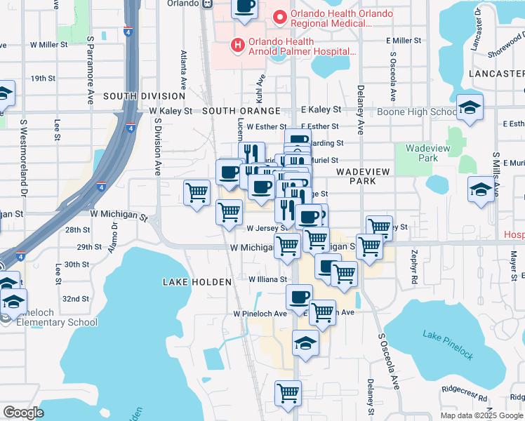 map of restaurants, bars, coffee shops, grocery stores, and more near 25 West Crystal Lake Street in Orlando