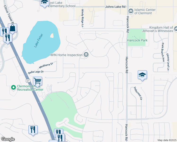 map of restaurants, bars, coffee shops, grocery stores, and more near 3527 Westerham Drive in Clermont